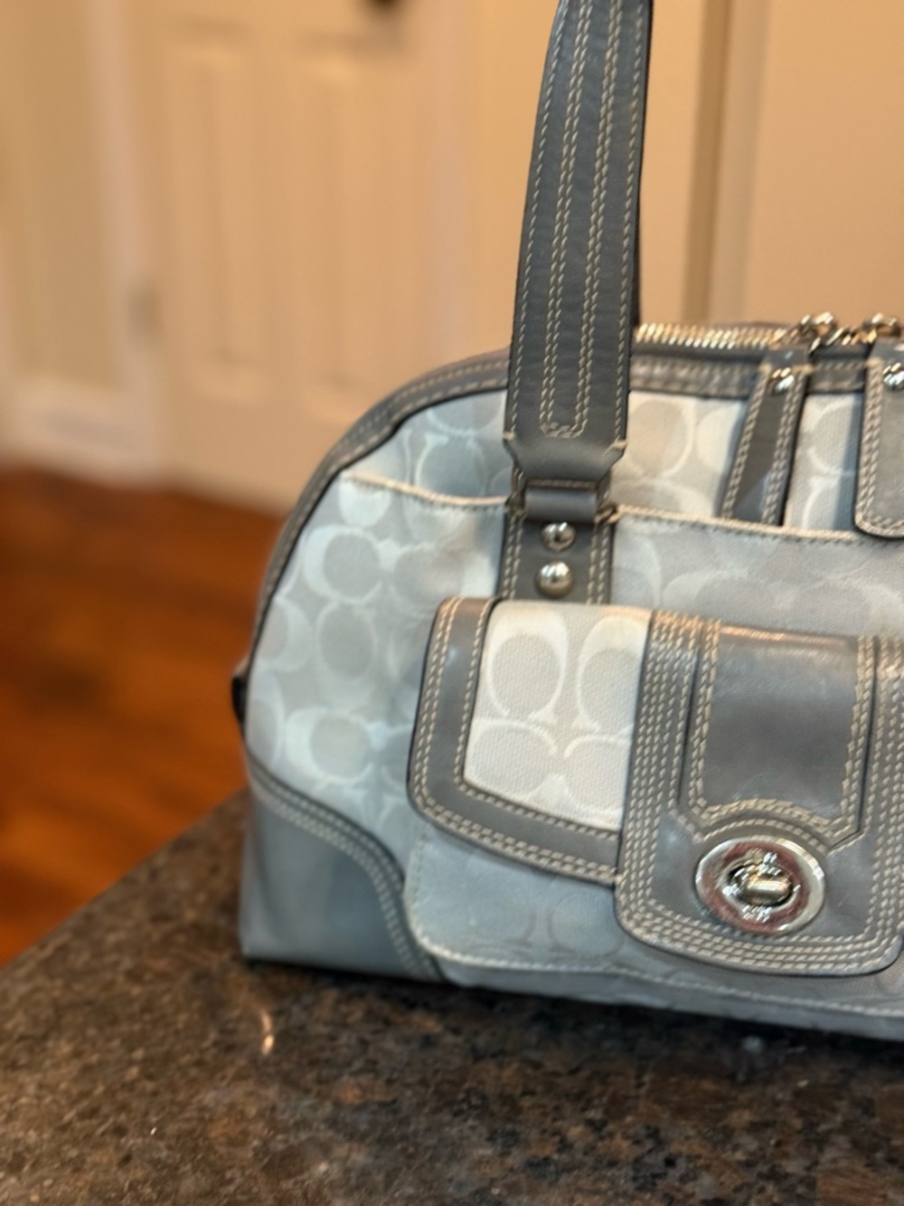 Coach Gray Signature Canvas Satchel with Leather Trim - Picture 4 of 16